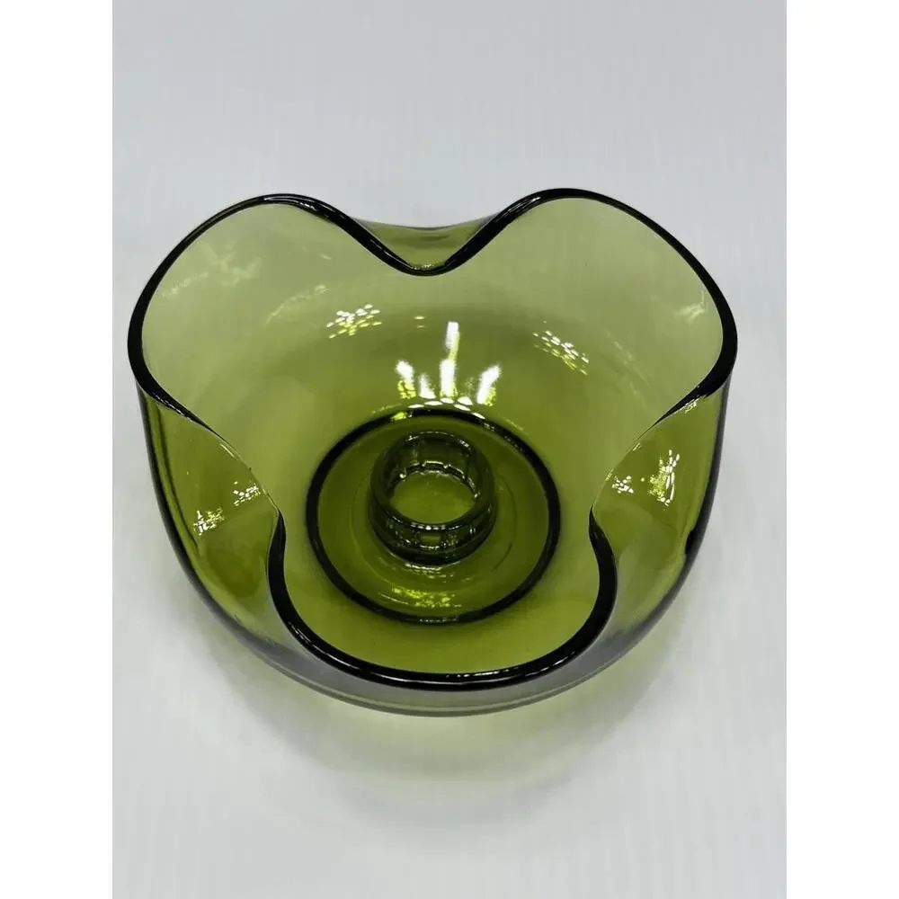 Vintage Anchor Hocking 2 Avocado Green Glass Candle Stick Holders Pair MCM 1970s